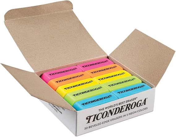 Ticonderoga Wedge Erasers, 2", Beveled Shape, Soft and Non-Abrasive, 5 Assorted Neon Colors, 30 Erasers/Box, 1 Box