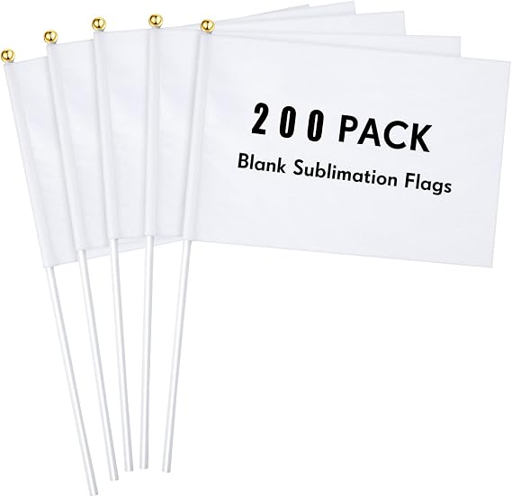 200 Pcs White Blank Sublimation Mini Flags Solid White Blank DIY Color Small Flags on Sticks Hand Held Sublimation Party Decorations for Parades Birthday Wedding Events Celebration