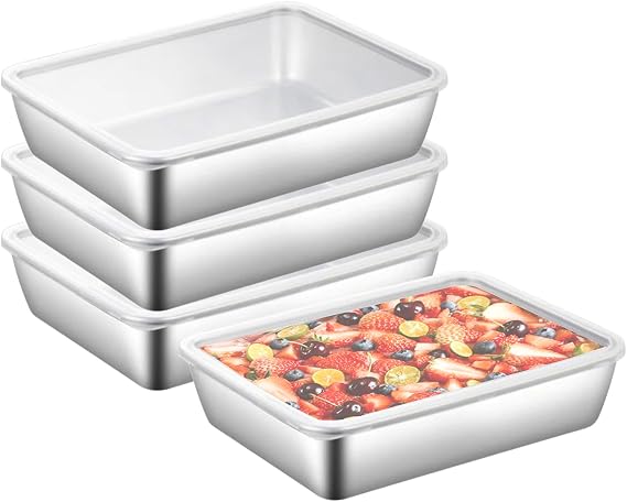 4Pack Large Stainless Steel Rectangle Food Storage Box Container Leak Proof Plastic Lid Airtight Meat Storage Container for Fridge,Kitchen Dishwasher Safe