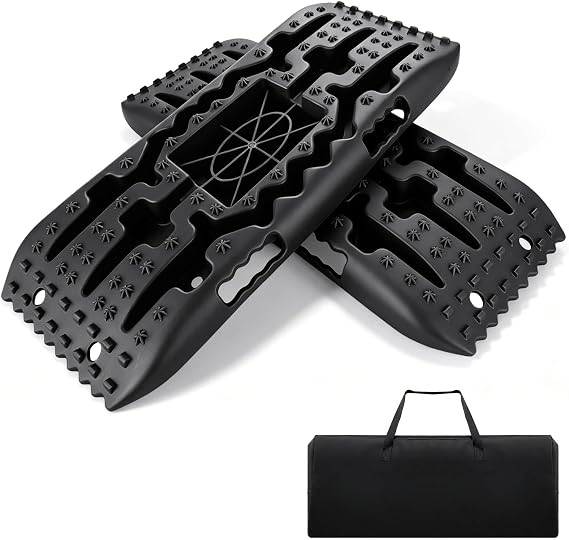 HOXWELL 27''L Off Road Traction Recovery Boards with Jack Base for Sand, Mud, and Snow, 4WD Tire Recovery Tracks Board with Storage Bag for Jeep Truck SUV, Black, 2 PCS