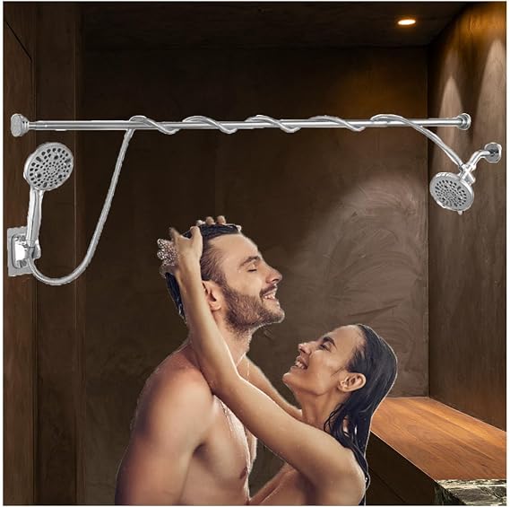 High Pressure Double Shower Head with Adjustable Spray Modes,Couples Shower Head with Extendable Rod,Tandem Shower for Couples,A Silver