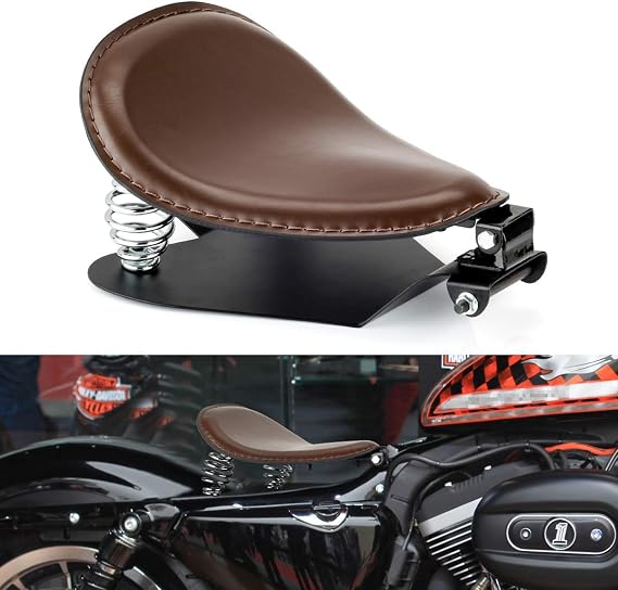 Leather Motorcycle Solo Seat Springs Mounting Bracket Kit Compatible with Harley Sportster XL 883 1200 Bobber Chopper Custom Application (Brown with Seat Base)