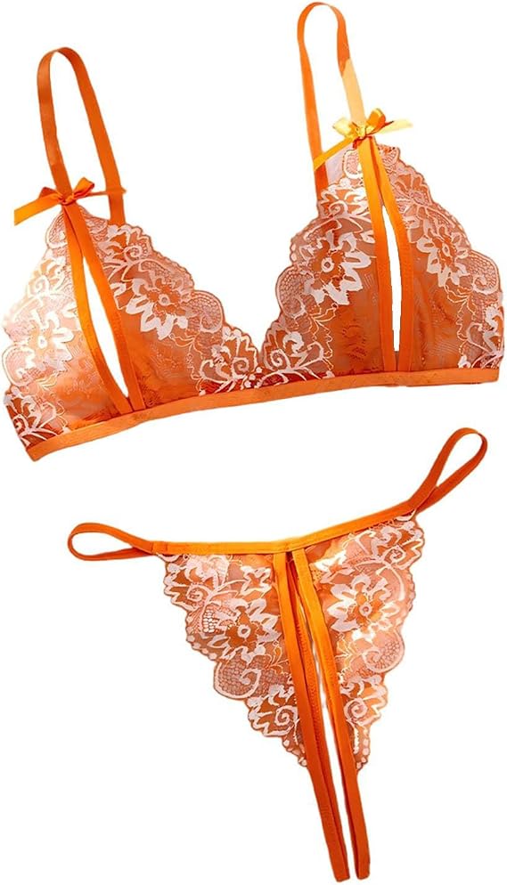 Lace Lingerie Set for Women:Sexy Bra and Panty Halter See Through Embroidered Valentines Outfits 2 Piece
