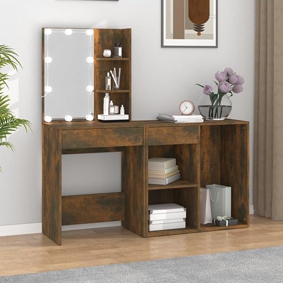 Engineered Wood Dressing Table with LED Lights and Cabinet in Smoked Oak Finish, Cosmetic Table with USB LED Bulbs for Adjustable Illumination