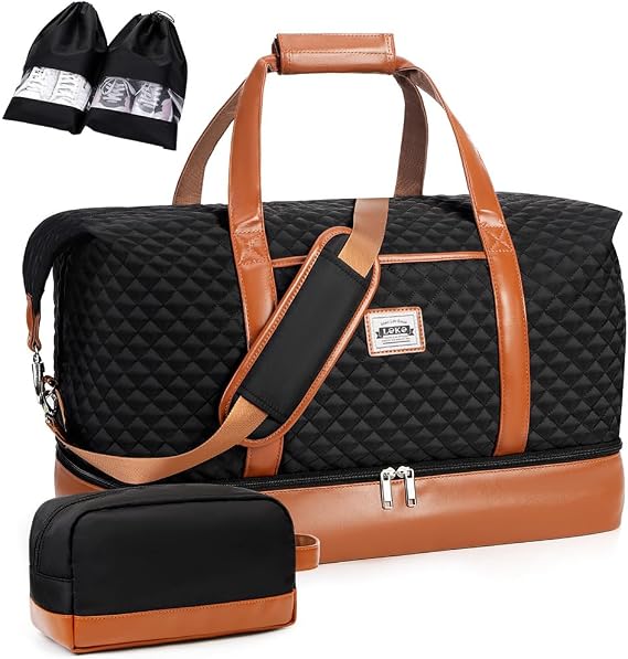 Quilted Overnight Bag for Women Weekender with Shoes Compartment Toiletry Bag, Travel Duffle Bag for Women Large Holdall Travel Weekend Bag 35L Quilted Black