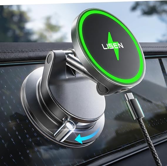 LISEN for 15W Magsafe Car Mount Charger, Magnetic Phone Holders for Your Car, Magnetic Wireless Car Charger, Suction Phone Mount for Car Accessories, Car Mount for iPhone 17 Pro Max 16 15 14 13 12 | [Lever Lock & Easiest Mount] Magsafe Car Mount Charger, 360 Magnetic Phone Mount, Car Mount for iPhone, Truck Accessories