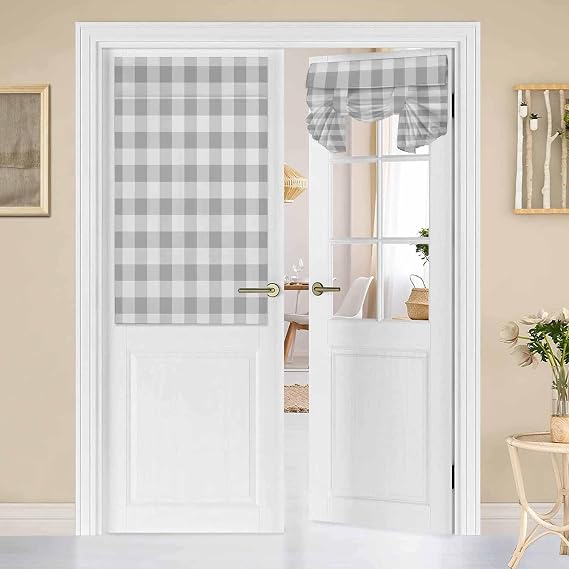 BEMIGO Door Curtains for Door Windows, Grey Buffalo Plaid Door Window Curtains for French Glass Door, Privacy Thermal Insulated Tie Up Door Shades, Check Texture Small Window Curtains 26"x42"