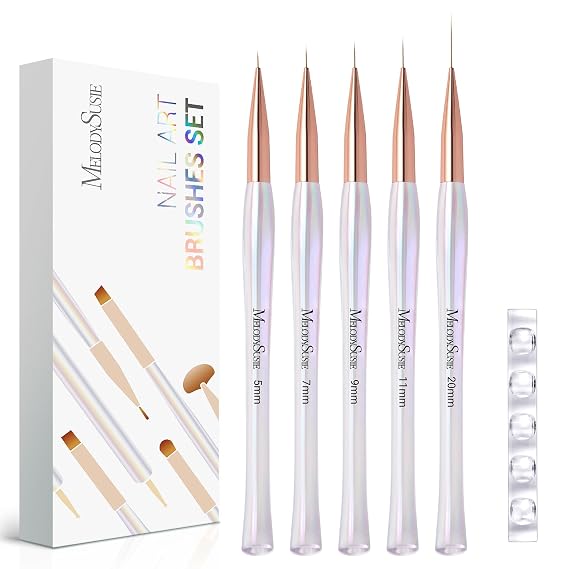 MelodySusie 5Pcs Nail Art Liner Brushes with Nail Brush Holder | Gel Polish Painting Art Design Pen for Thin Long Lines, Tiny Details, Fine Drawing, Delicate Coloring Sizes 5/7/9/11/20mm