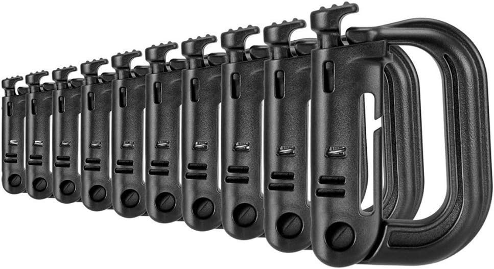Tactical D-Ring Grimlock Carabiners for Molle Gear, Strong and Lightweight, Fast Latch System for Military Vest or Patrol Ready Bags, Includes Zippered Pouch, Black, 10 Pack