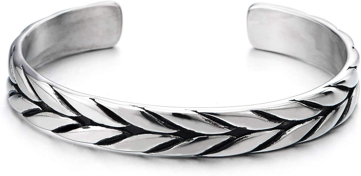 COOLSTEELANDBEYOND Exquisite Stainless Steel Braided Pattern Cuff Bangle Bracelet for Men