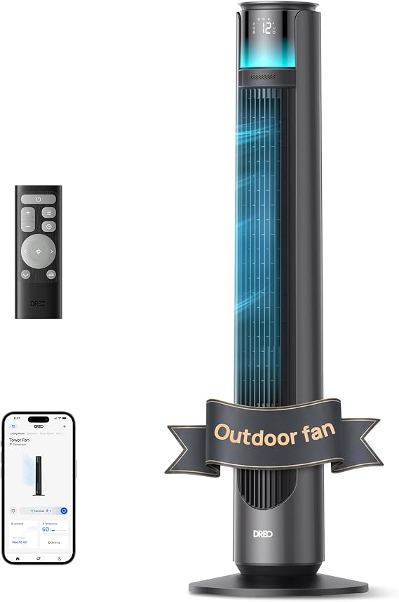 DREO Smart Tower Fan for Indoor & Outdoor Use, 33 ft/s High Velocity, 20 dB