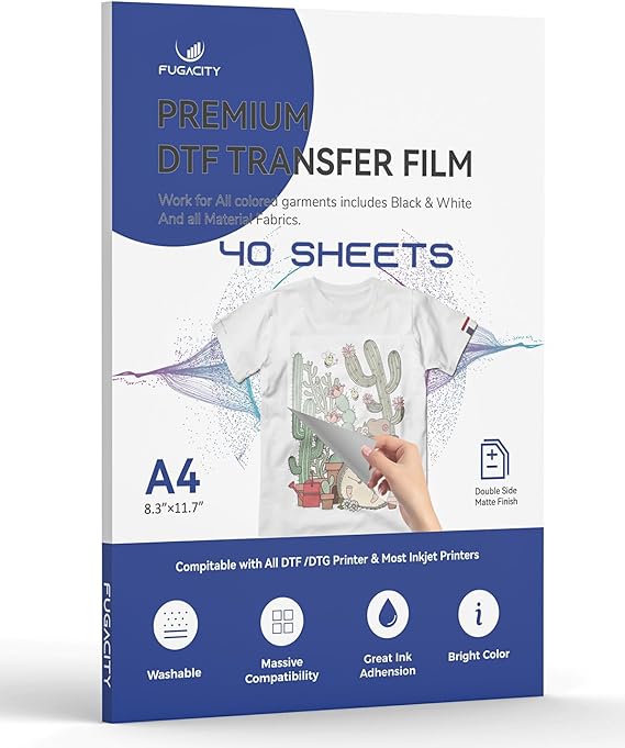 DTF Transfer Film- A4 (8.3" x 11.7") 40 Sheets Premium Double-Sided Matte Finish PET Transfer Paper Direct to Film for T-Shirts