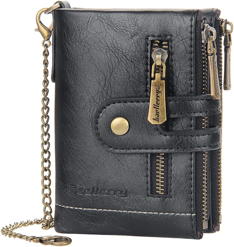 aolaso Mens Wallet with Chain, PU Faux Leather Bifold Wallet for Men Double Zipper Coin Pocket Purse Double Anti-Theft Valentines Day Men Gift