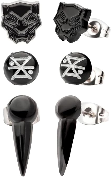 Marvel Black Panther Wakanda Forever Stud Earring 3-Pack | Durable base metal studs with enamel inlay, earrings measure 8mm to 14mm, officially licensed Wakandan symbol designs
