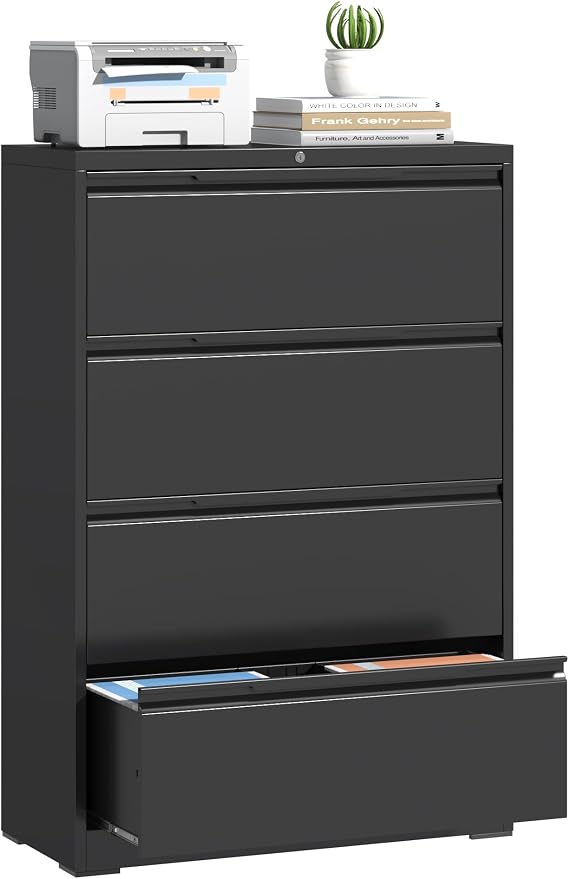 Lateral File Cabinet with Lock, 4 Drawer Lateral File Cabinets, Metal Filing Cabinets for Home Office, Black Deep Drawer for Hanging Files Letter/Legal/A4/F4 Size, Printer Stand, Assembly Required
