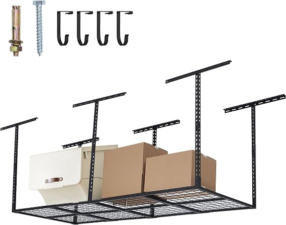 3X8FT Overhead Garage Storage Rack, 22"-40" Height Adjustable Garage Ceiling Storage Racks, Heavy-Duty Metal Storage Organization System, 600 LBS Weight Capacity, Black