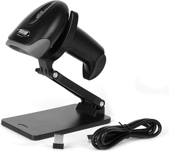 2D Code QR Scanner with Stand, Wireless Barcode Scanner for Library Shop | 2.4G Wireless & USB Wired Connection, Foldable Stand,Handheld CMOS Image Bar Code Reader