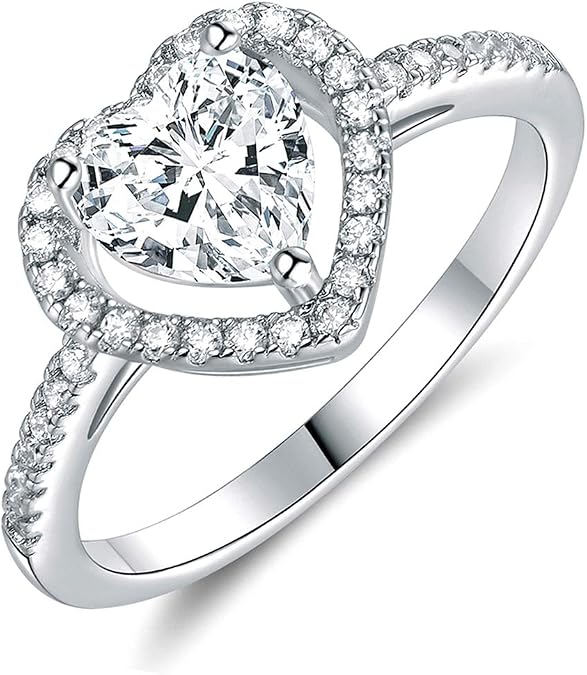 MDFUN 18K White Gold Plated Heart Halo CZ Promise Engagement Ring for Women