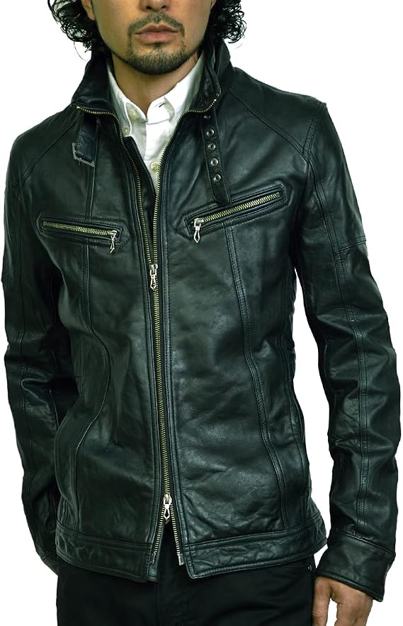 Halff OS1BLU Men's Leather Jacket, Genuine Leather, Biker Jacket, Single Riders, Lamb Leather, Single Riders, Leather Jacket, Blue, Autumn/Winter