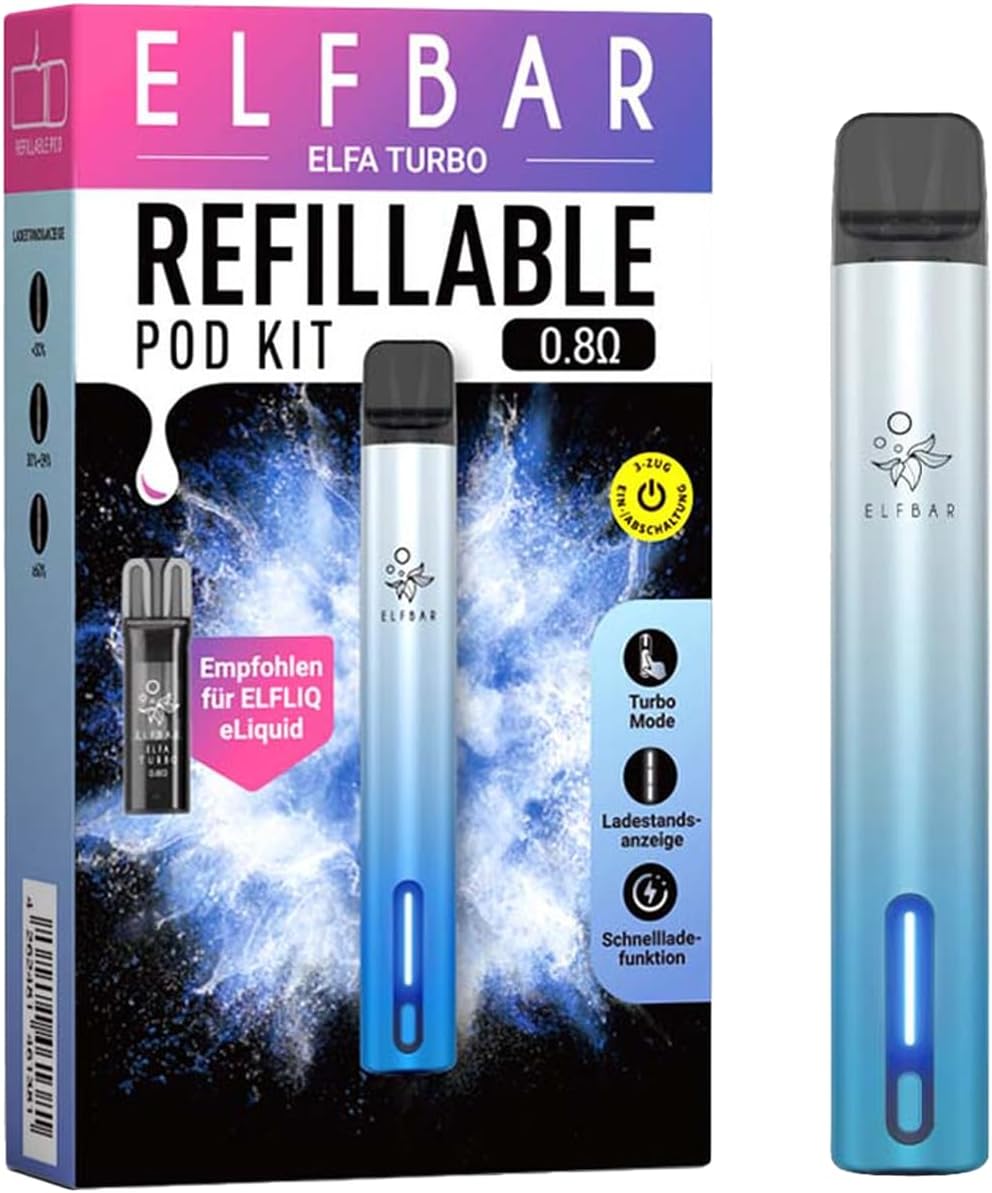 Elfbar Elfa Turbo Pod Kit - No Liquid Included - 550 mAh Battery USB-C Quick Charge MTL 2 Power Modes Refillable & Prefilled Pods  Funny Hookain Sticker Aurora Cyan