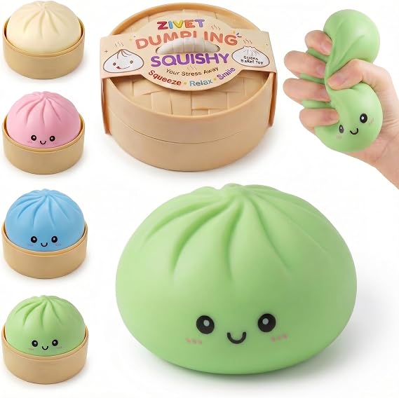 Dumpling Squishy Stress Relief Fidget Toy with Steamer Realistic Steamed Bun Sensory Squeeze, Cute Squishy Dumpling Desk Decor for Adults & Teens, Easter Gifts, Christmas & Birthday Gift (Green)