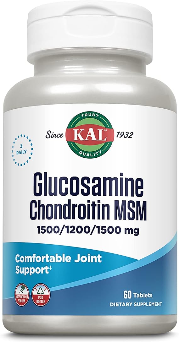 KAL Glucosamine Chondroitin MSM, Joint Support Supplement for Women and Men, 1500mg Glucosamine Sulfate, 1200mg Chondroitin, MSM, Rapid Disintegration, 20 Servings, 60 Tablets