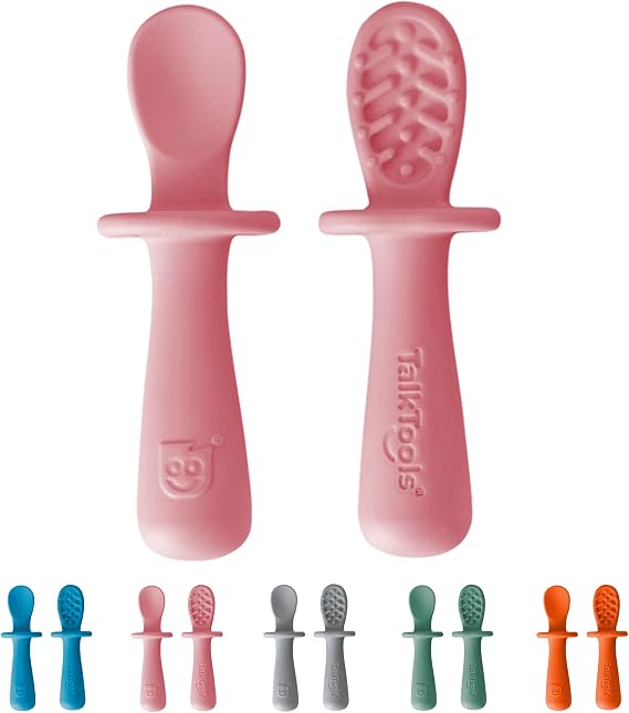 TalkTools ITSY Tiny Silicone Spoons Twin Pack Soft Silicone Self-Feeding Training Spoons for Kids & Toddlers, Anti-Choking Flange Guard and Non-Slip Handle (Bubblegum)