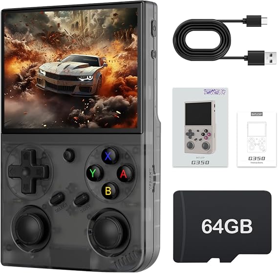 G350 Retro Handheld Game Console 3.5-inch 640*480 IPS OCA Screen 3200mAh Lithium Battery with 64G TF Card and Wireless Networt Portable Game Console Multiple Classical Simulators-Transparent Black