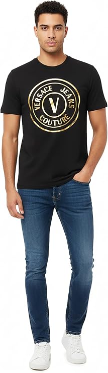 VERSACE JEANS COUTURE Black/Gold Mens Oversized Screen Print Logo T-Shirt