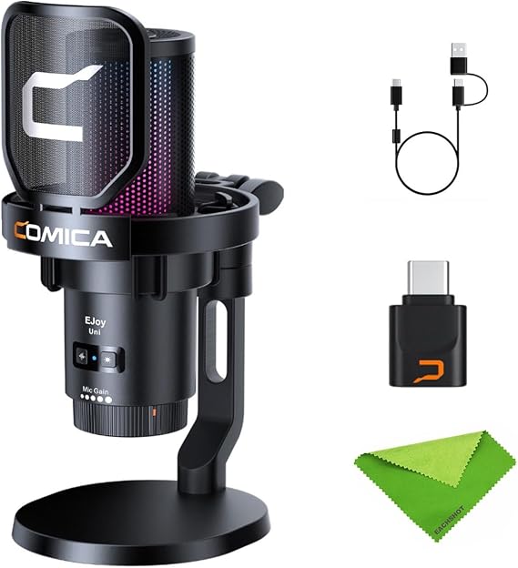 comica EJoy Uni Pro (D)-Wireless Black Microphone for Computer and Smartphone,RGB Cardioid Condenser Gaming Mic for Podcasting,Streaming,Recording,with Desktop Stand