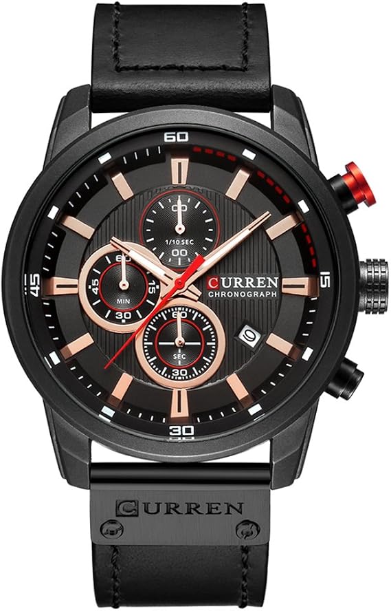 CURREN Mens Water Resistant Sport Chronograph Watches Military Multifunction Leather Quartz Wrist Watches, black black, Chronograph,Quartz Movement