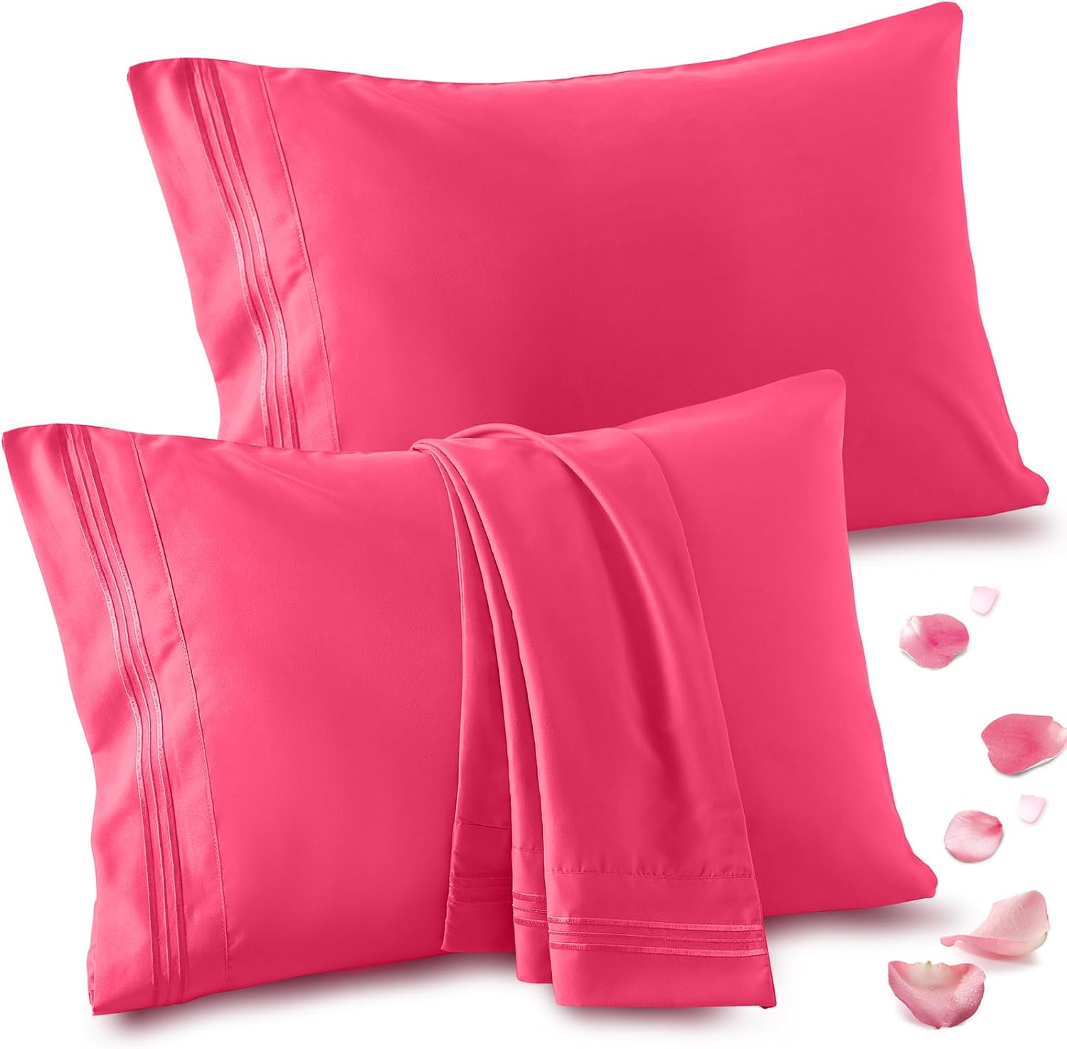 Vonty 2 Pack Standard Pillow Cases - 20x26 Inch, 1800 Thread Count Microfiber Pillowcases Standard Size Hot Pink Pillow Cases Luxury & Soft Embroidered Bed Pillow Covers with Envelope Closure
