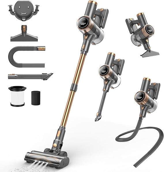Cordless Vacuum Cleaner, 10-in-1 Lightweight Stick Vacuum with 45mins Runtime, Powerful Suction, LED Touch Screen, Rechargeable Vacuum Cleaners for Home Hardwood Floor Carpet Pet Hair (Gold)