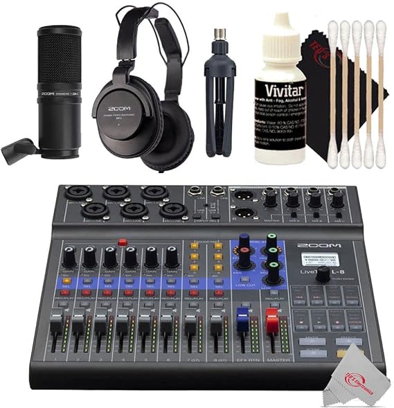 Zoom LiveTrak L-8 Portable Podcast 8-Track Digital Mixer And Multitrack Recorder + Zoom ZDM-1 Podcast Mic Pack Accessory Bundle With Microphone + Accessory Kit