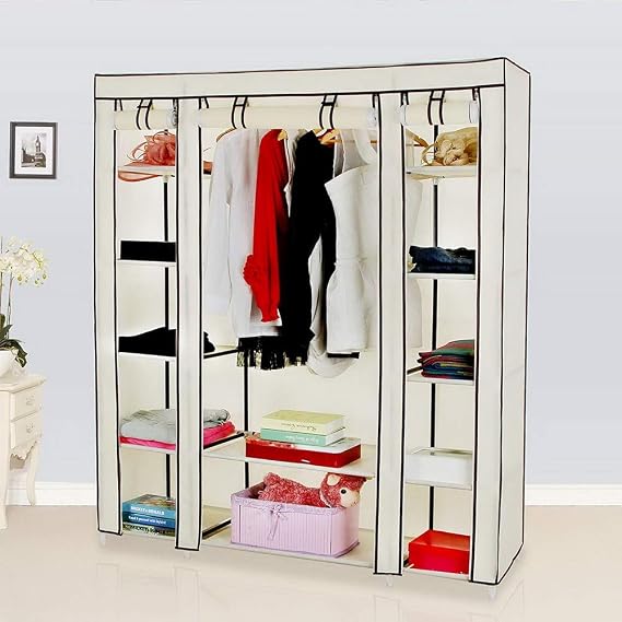 69" Portable Closet Wardrobe, Freestanding Closet Wardrobe with Non-Woven Fabric, Closet Storage Organizer with 12 Shelves and 1 Clothes Hanging Rails, Easy to Assemble (58" x 17" x 68.8", Beige)
