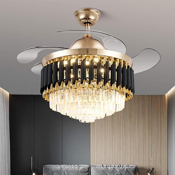 42" Crystal Fandelier Ceiling Fan with Lights, Modern LED Chandelier, Gold+Black