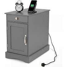 COSTWAY Bedside Table with Charging Station, Wooden Nightstand End Sofa Side Table with Drawer, Cabinet & Adjustable Shelf, Narrow Accent Bedside Cabinet for Living Room Bedroom (1, Grey)