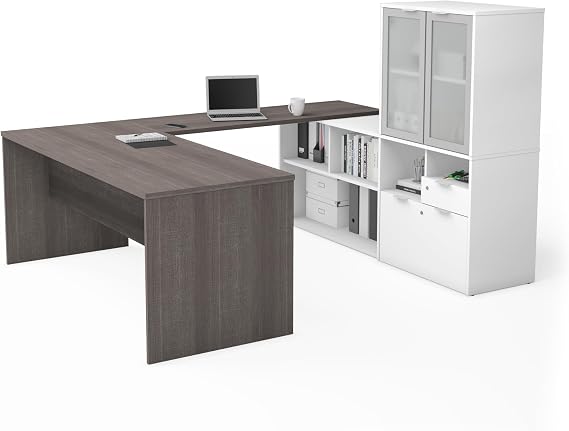 Bestar i3 Plus U-Shaped Executive Desk with Frosted Glass Doors Hutch, 72W, Bark Grey & White