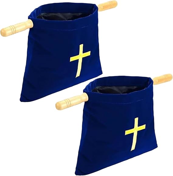 Velvet Church Tithe Offering Bag,2Pcs Religious Offering Pouch,Embroidered Cross Bible Bags with Wood Handles,Handle Church Collection Bag for