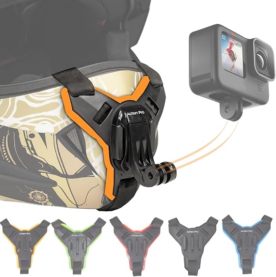 Action ProTM Motorcycle Helmet Chin Strap Mount Compatible with GoPro Hero 12, 11, 10, 9, 8, 7, (2018), 6, Hero Black, Insta 360, Session, Xiaomi Yi, SJCAM (Orange)