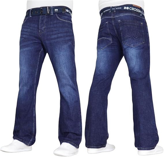 Crosshatch Mens Stretch Bootcut Fit Fashion Jeans Trousers Free Belt Stylish Branded Denim By JeanBase
