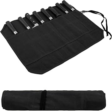 Knife Roll,Waxed Canvas Knife Bag,Heavy Duty Knife Case,Chef Knife Bag Roll with 8 Slots for Knives and Kitchen Tools,Knife Roll Bag For Chefs Culinary Traveling,Knives Pouch Holder Wrap Black