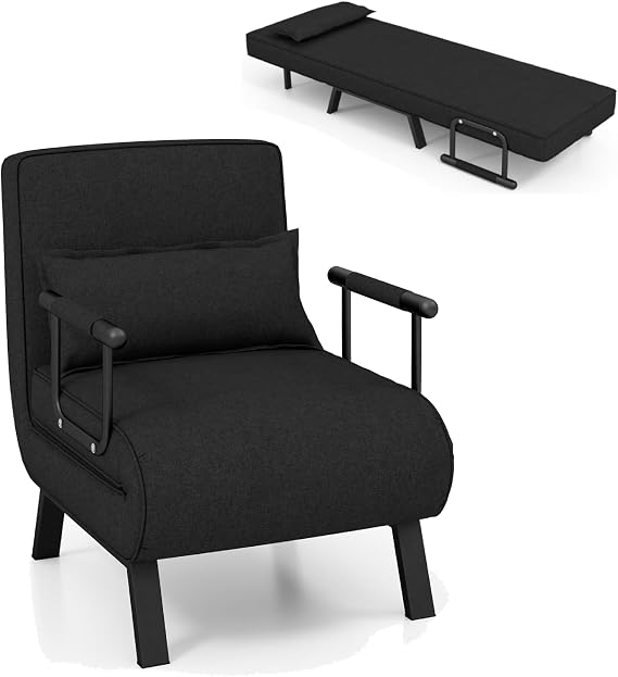 Multigot 4-in-1 Folding Sofa Bed, Convertible Leisure Chaise Lounge with 6-Position Adjustable Backrest and Removable Pillow, Upholstered Sleeper Chair for Bedroom Living Room Office (Black)