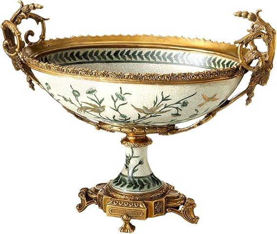 Fruit Basket Ceramic Fruit Bowl Chinese Style Retro High Foot Creative Decor Fruit Plate Home Living Room Decoration Porcelain Fruit Dish Copper Base Decorative