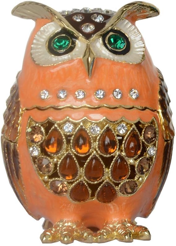 Crystal Orange Owl Trinket Box Jewelry Box Hand Painted Decorative Box with Hinged Lid Ring Earring Holder Bird Figurine Collectible