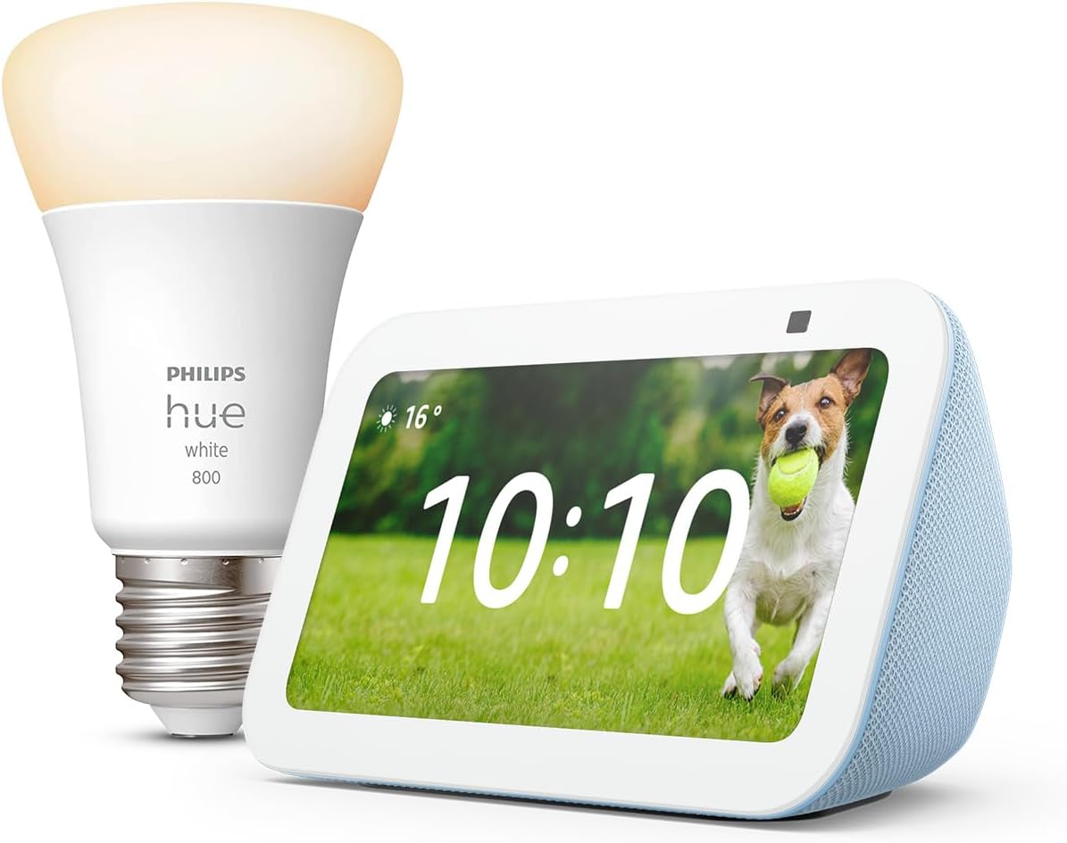 Echo Show 5 (3rd generation) | Cloud Blue + Philips Hue White Smart Light Bulb LED (E27), Works with Alexa - Smart Home Starter Kit