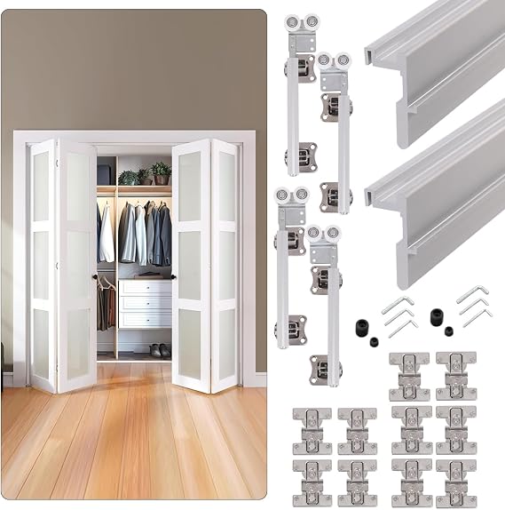 Bifold Door Hardware Set, with 36” Track, Aluminum Sliding Cabinet Folding Door, Hanging Wheel Closets Folding Door (2 Set)