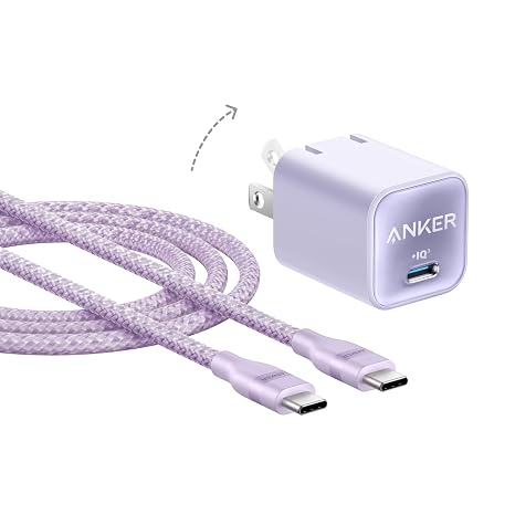 Anker Go Kit, Nano USB-C Cable, 240W Flexible Braided Cord, Nano Charger, 30W USB-C GaN Charger, Fast Charging for iPhone 17 Series, MacBook Pro, and More (Purple, 6 ft