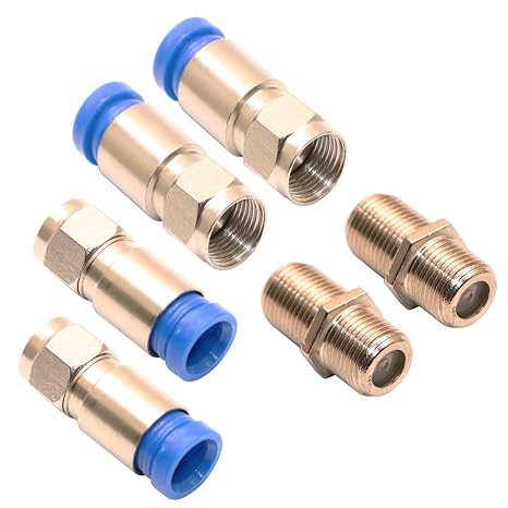 RG6 F-Type Coaxial Compression Connectors, 6-Pack, 28.5mm Length, Blue and Gold