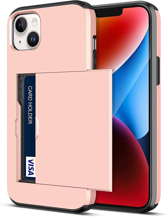 Jiunai for iPhone 14 Case Card Holder Wallet Holds 2 Cards Pocket Rose Gold